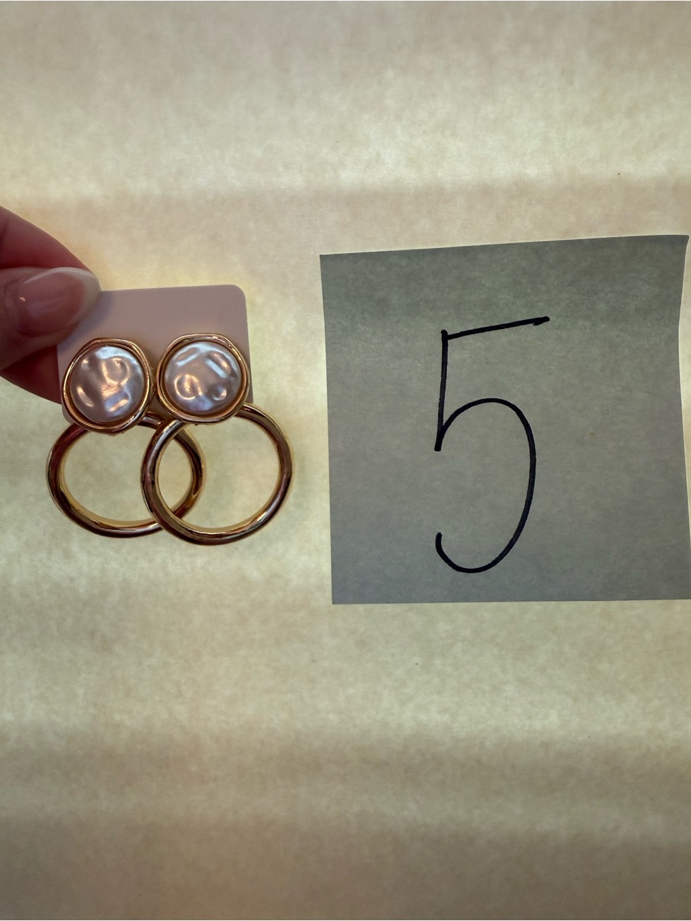 Gold Hoop Drop Earrings with Pink Pearl Accent